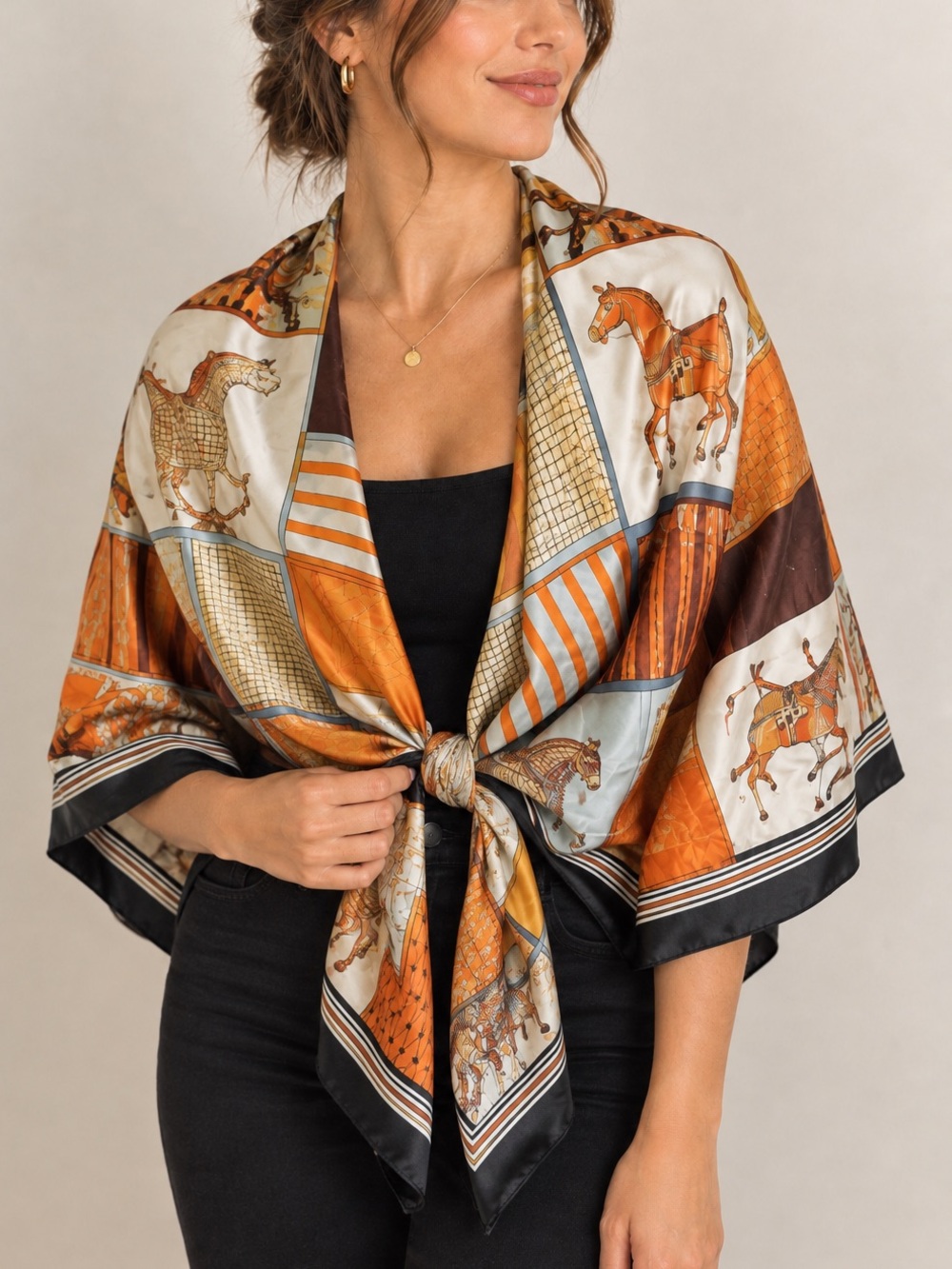 100% Silk Horse-Print Shawl Scarf - Orange Multi